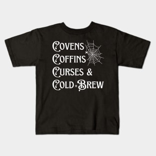 Covens Coffins Curses and Cold Brew Goth Halloween Vintage Kids T-Shirt